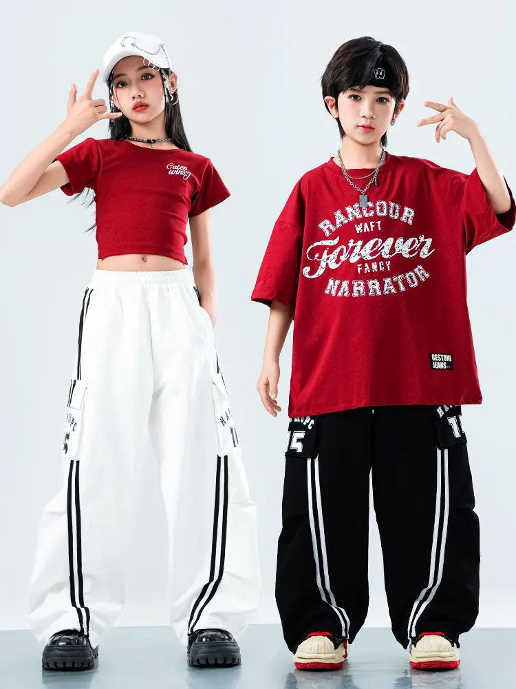 여자 힙합 세트 빨간 티셔츠 스트리트 댄스 블랙 느슨한 바지 소년 streetwear 어린이 볼룸 옷 어린이 재즈 의상