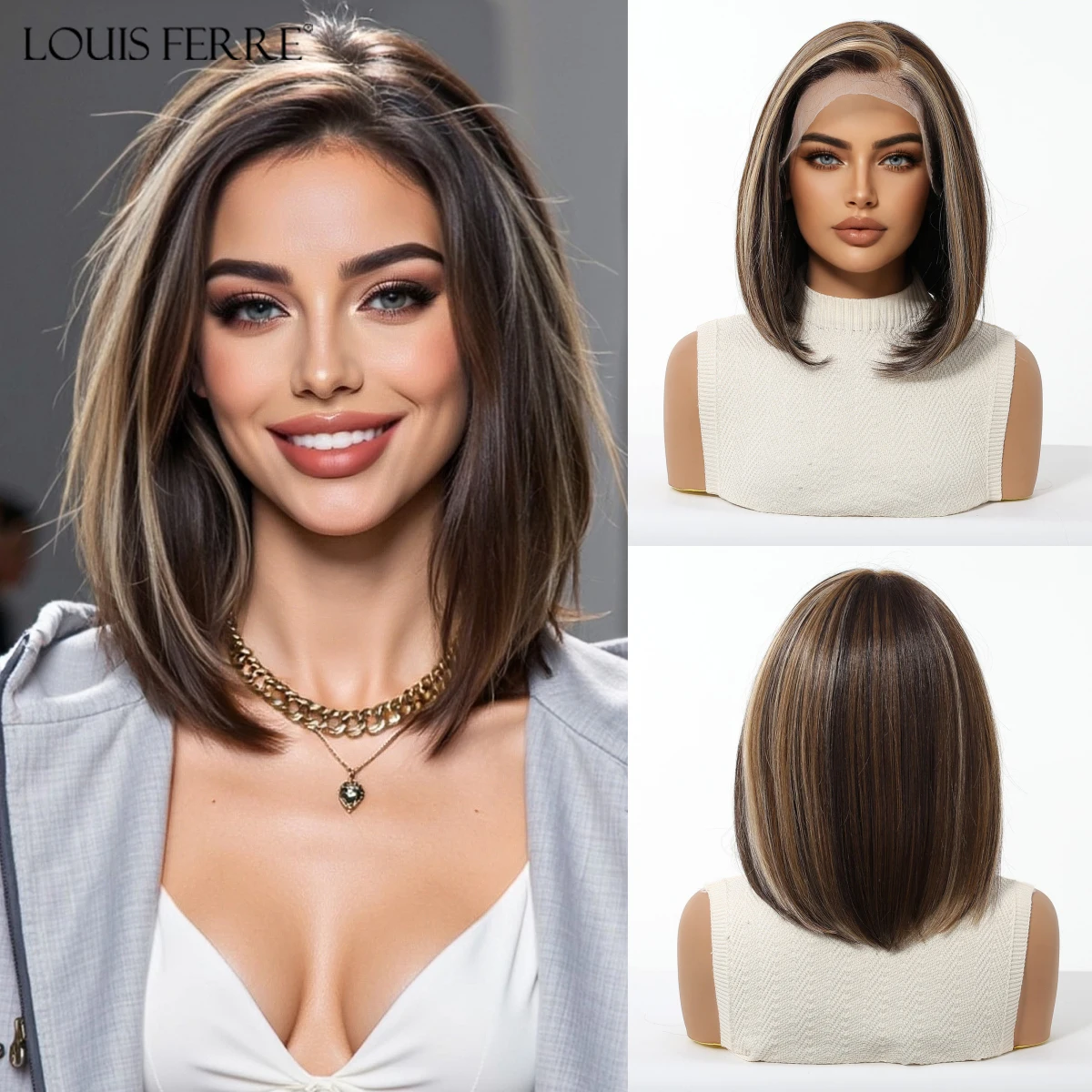 13*6 HD Transparante Kant Voor Pruiken Natuurlijke Haarlijn Korte Rechte Synthetische Pruiken Voor Vrouwen Dagelijks Party Bruin gemengde Blonde Pruiken