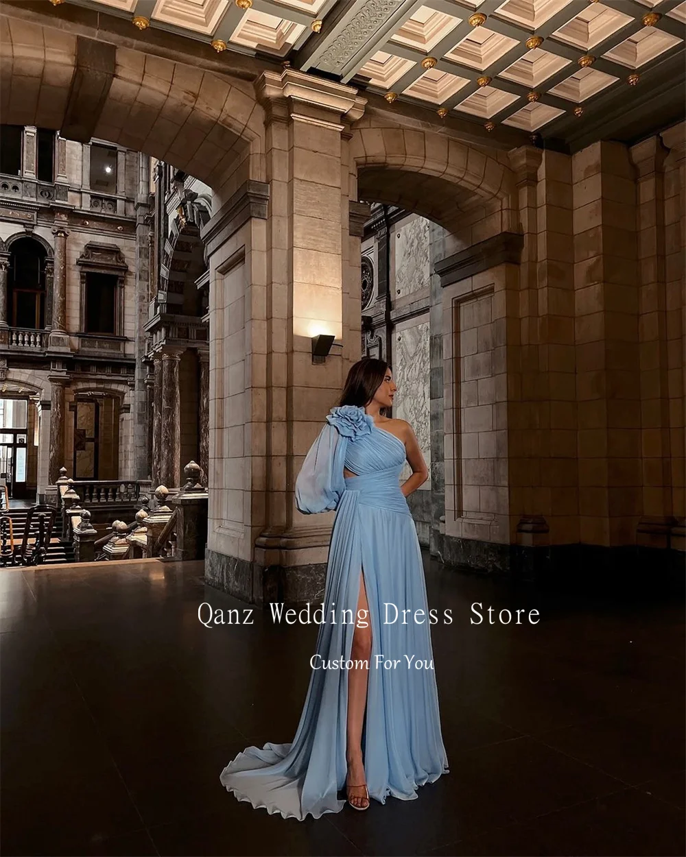 Qanz Elegant One Shoulder Evening Dresses Dubai Sky Blue Chiffon High Slit Flower Luxury Dresses Customized Vestidos De Noche