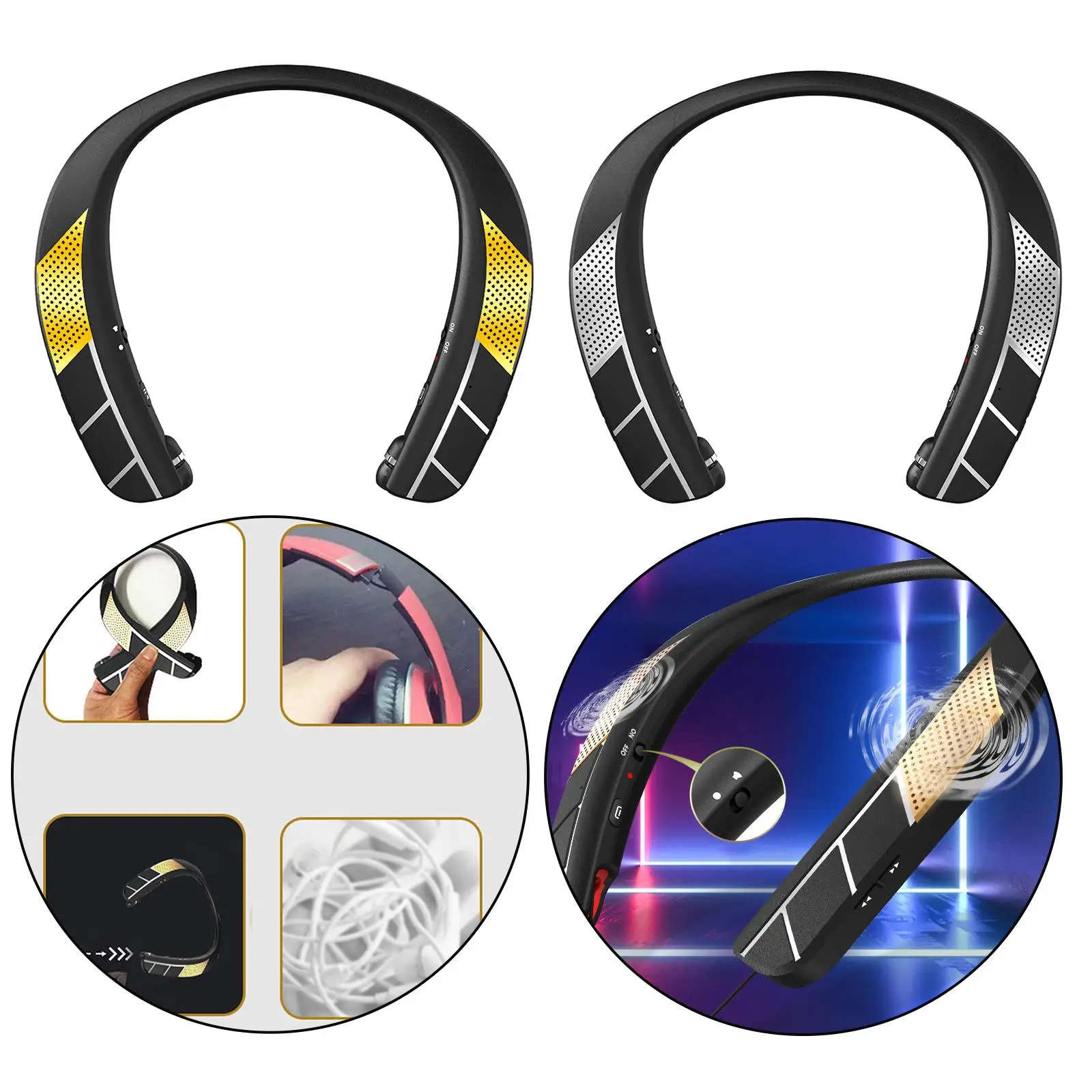 Wearable Neckband Wireless Speaker Bluetooth w/ Retractable Earbuds Headset