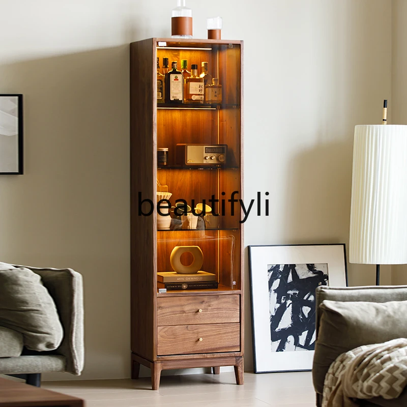 

North American black walnut solid wood storage locker modern light luxury glass wine cabinet display TV side cabinet