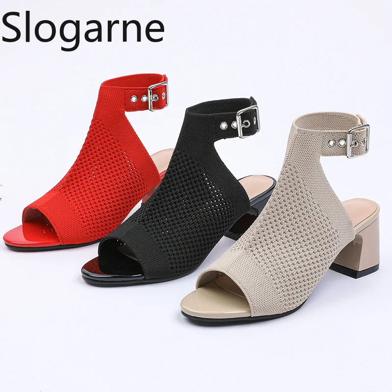 

Женские сандалии 2026: Новые вязаные сандалии на толстом каблуке с открытым носком и ремешком на щиколотке, летние сетчатые ботильоны на каблуке 6 см, туфли-лодочки