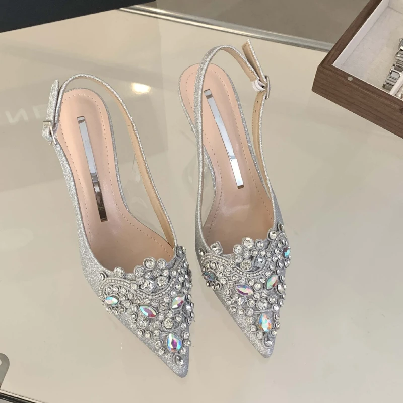 Décolleté estivi a punta da donna sandali con strass ricamati in pizzo Fashion Designer scarpe con tacco sottile scarpe con tacco alto da sposa