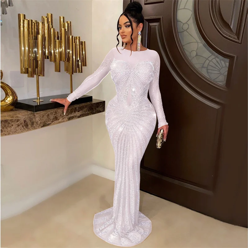 Luxus Sparkly Kristall Strass Meerjungfrau Abendkleider für Frauen Party Kleid Nachtclub Mesh Sheer Bodycon Maxi Kleid Elegante