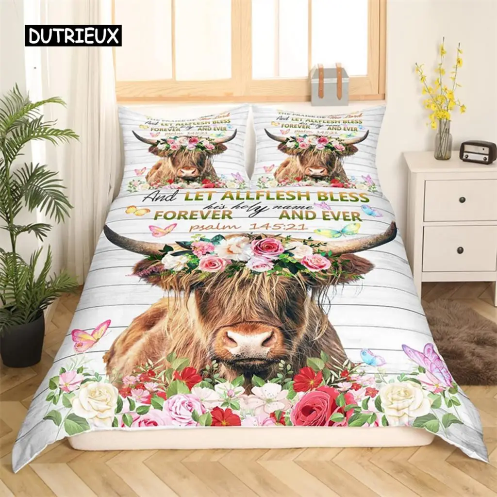 Highland Cow Duvet Cover Western Farm Animal Bedding Set Full King For Boys Girls Microfiber Floral Bull Cattle Comforter Cover