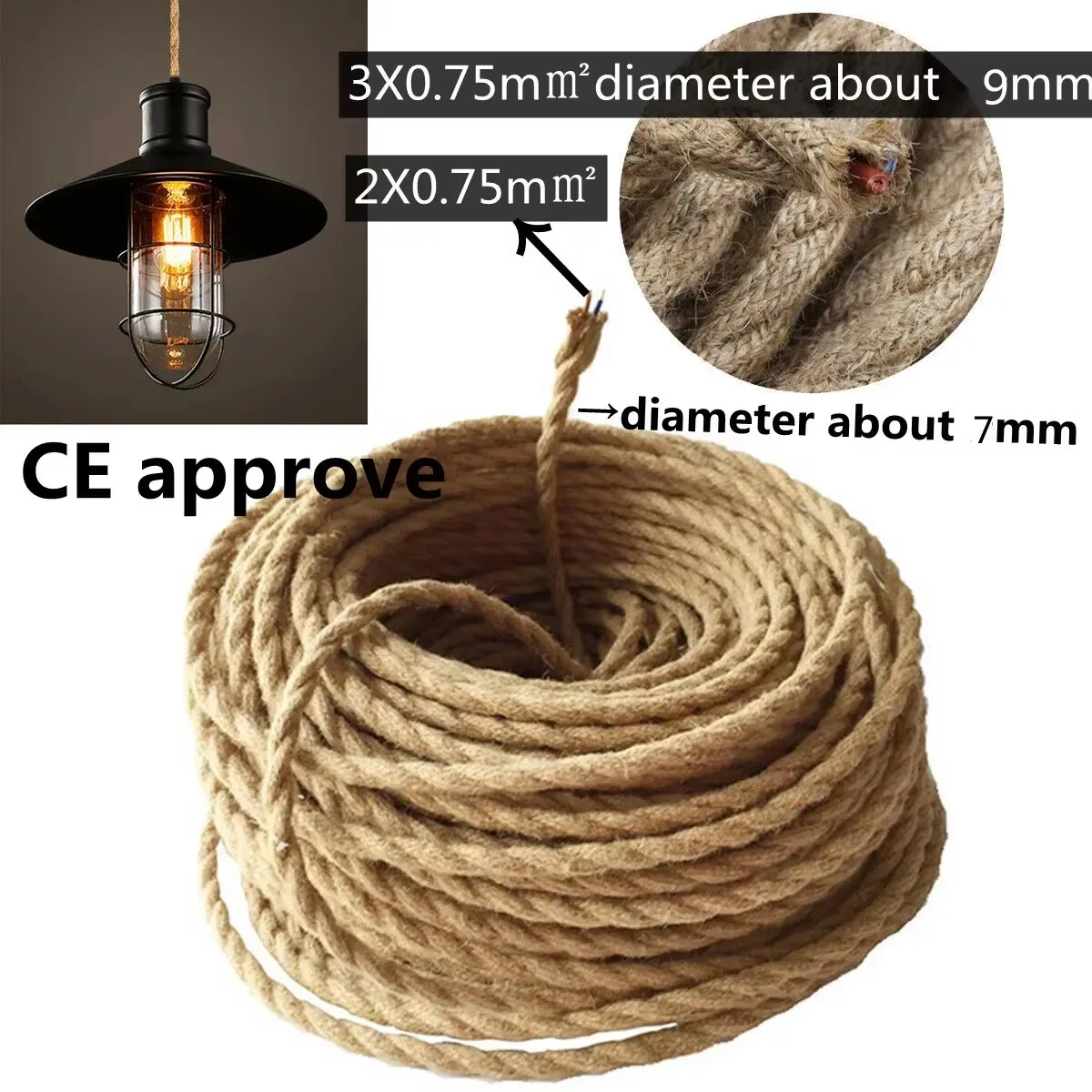 

2 Core 3 Core Twisted Cable Hemp Rope Electrical Wire Retro Style Copper Vintage Lamp Cord Woven Textile Wire Pendant Light Cord