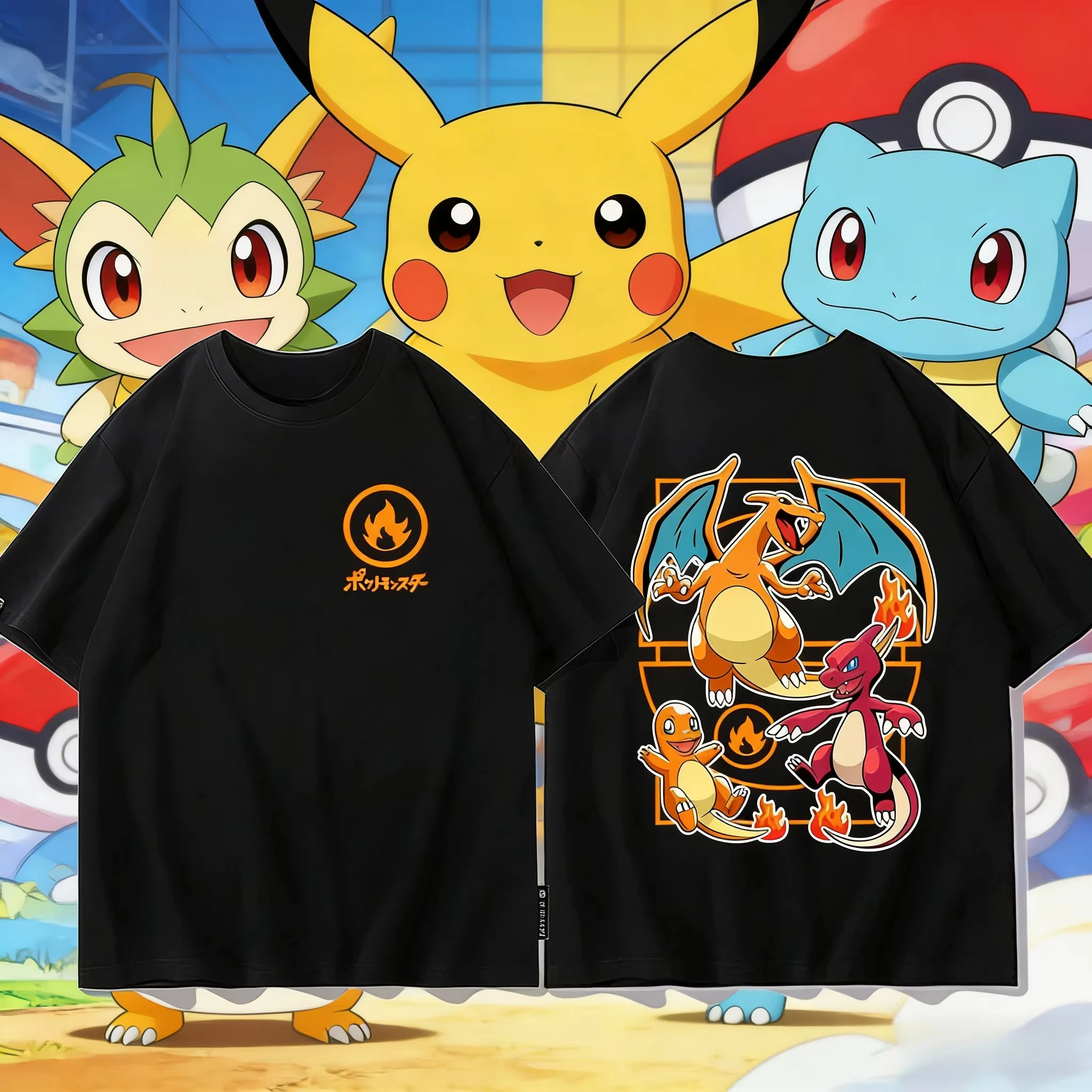 T-shirt imprimé double face Pokémon Charizard Évolution Été 2026, en tissu polyester, coupe oversize pour couple et famille, idéal pour les voyages