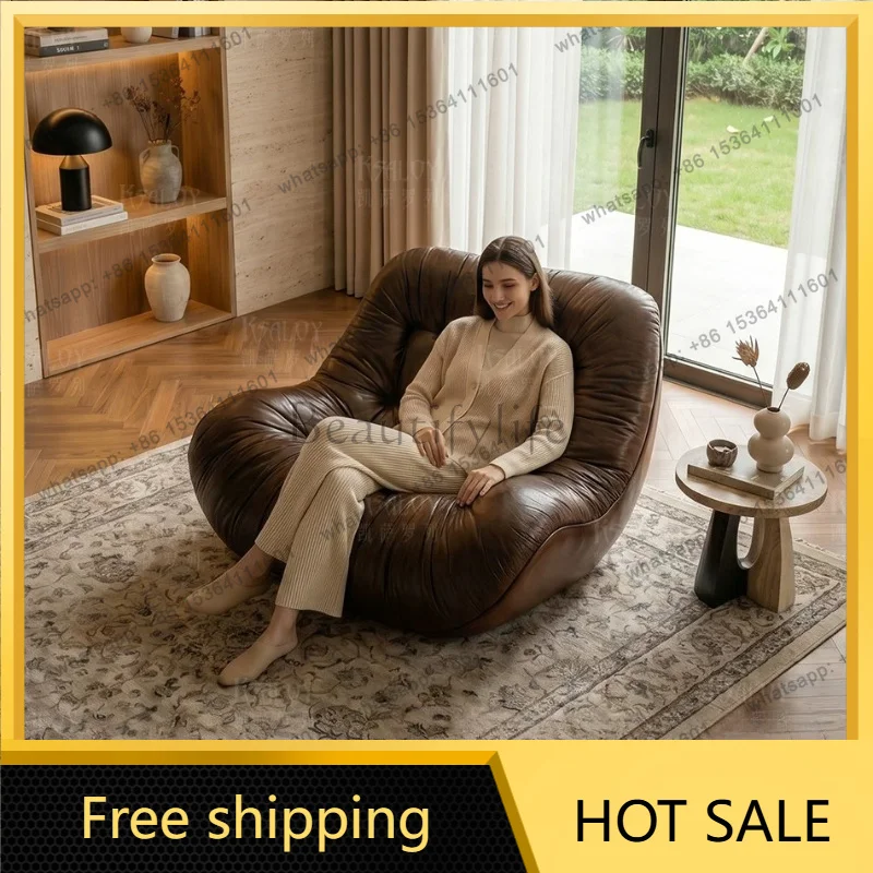 PG retro oil wax leather lazy sofa Italian minimalist single sofa living room bedroom balcony leisure recliner