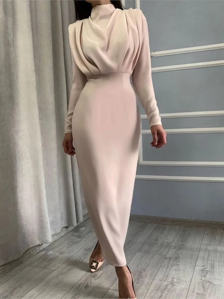 

Elegant Dress For Woman Fashion Round Neck Pleated Long Sleeved High Waisted Dresses Office Office Ladies Solid Color Vestidos