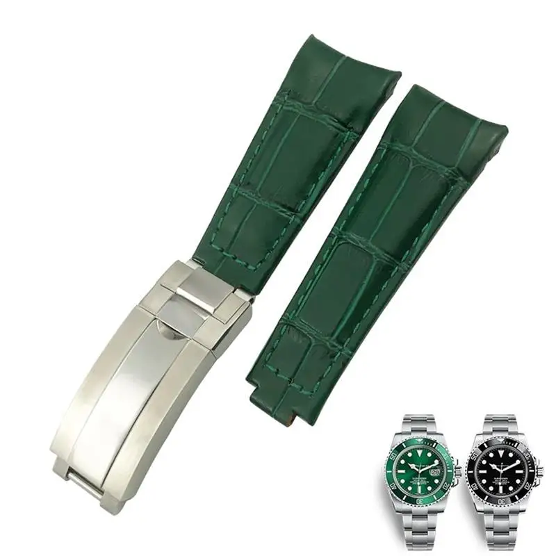 SCHIK 20mm Curved End Watchbands Leather Strap Fit for Rolex 116610 Submariner Oyster GMT Daytona Slide Lock Buckle Cowhide