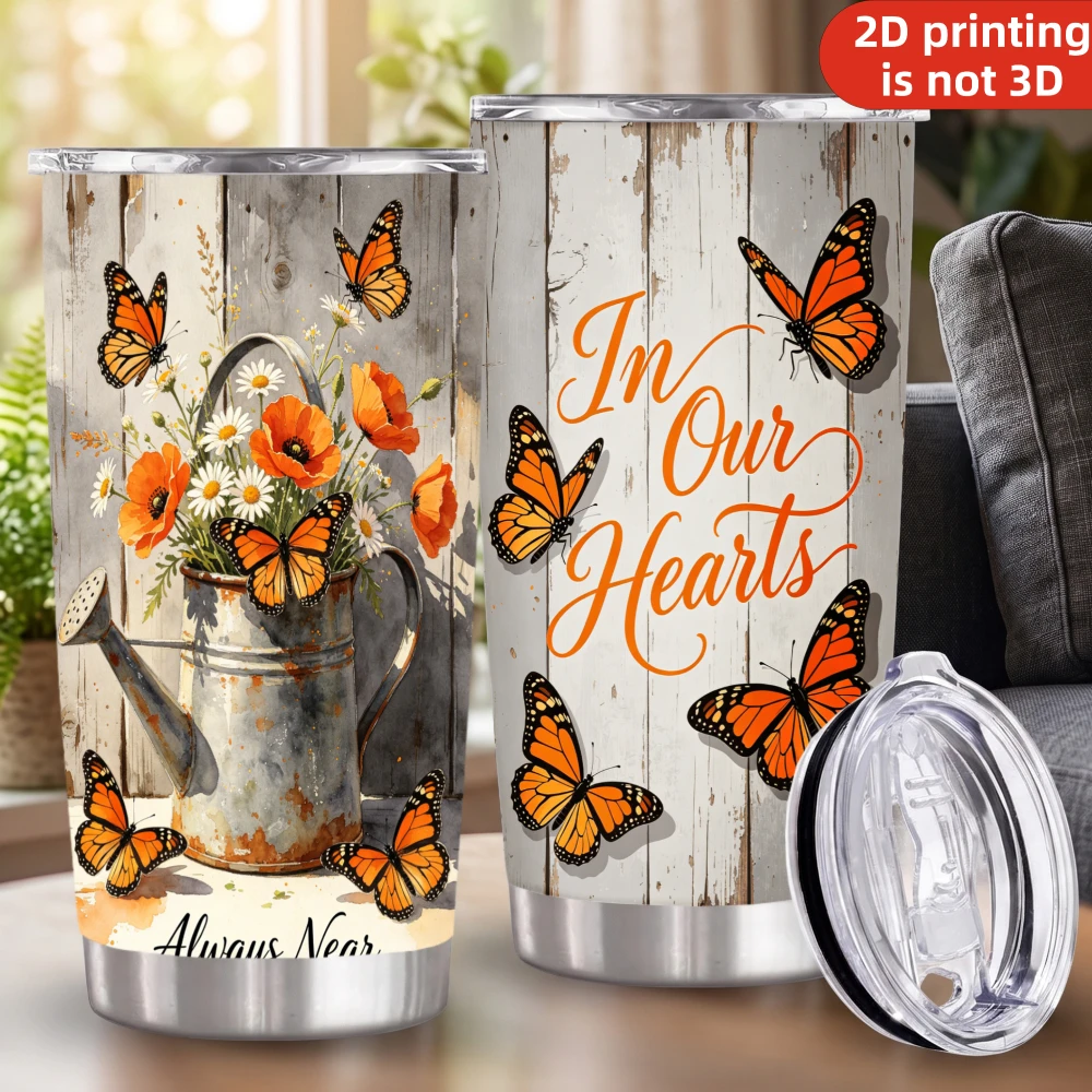 20oz Monarch Butterfly Floral Watering Can Printed Stainless Steel Tumbler with Lid and Straw, In Our Hearts Always Near Rustic Wood Vacuum Insulated Travel Coffee Mug Memorial Gifts