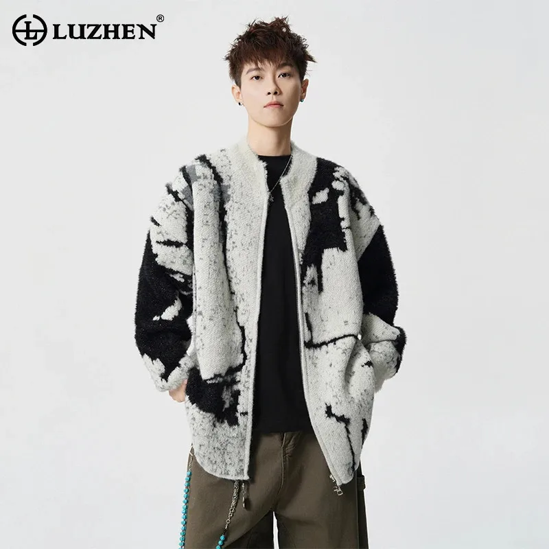 

LUZHEN 2025 зимний новый оригинальный цветной контрастный чернильный принт вязаный кардиган мужской модный красивый мужской свитер с круглым вырезом JY5391