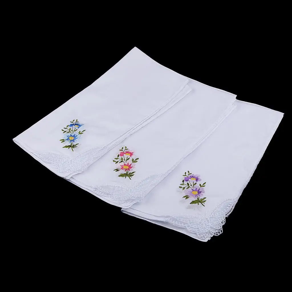 

12x Womens Cotton Embroidery Wedding Hanky Hand Towel Hankies