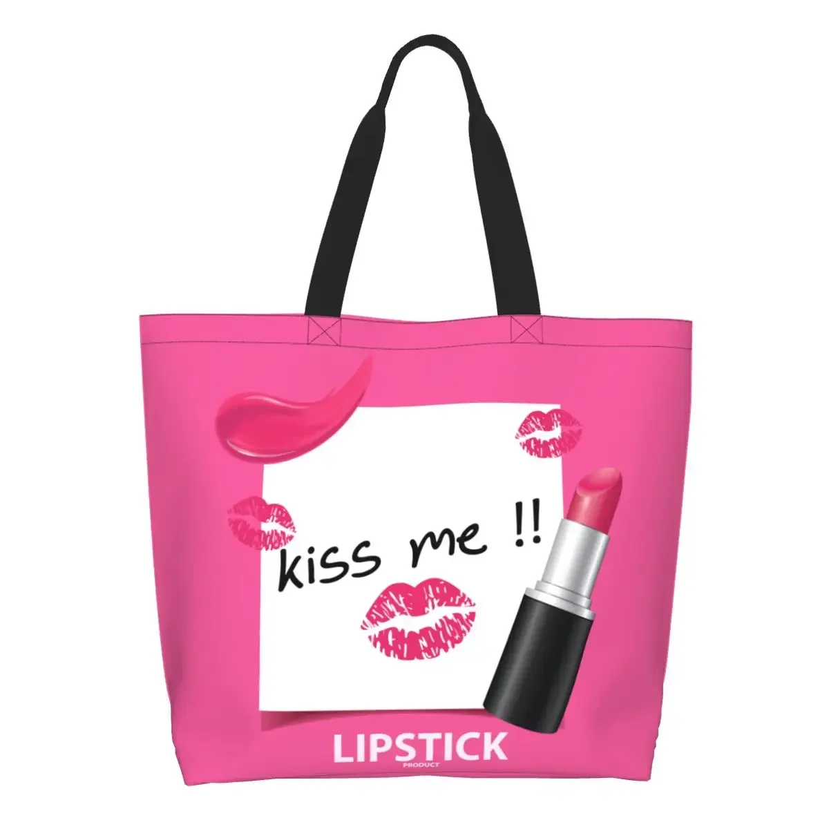 

Funny Printing Pink Lipstick Kiss Me Shopping Tote Bag Reusable Canvas Shoulder Shopper Handbag