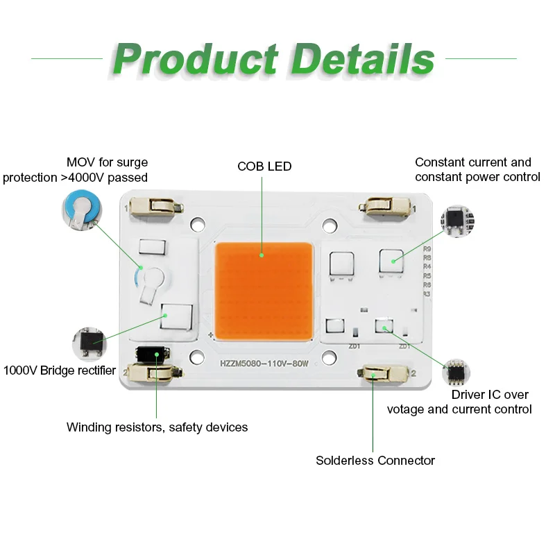 Nenhum terminal de soldagem de energia personalizada ac110v 80w espectro completo cob led crescer chip para o crescimento da estufa flor plântula