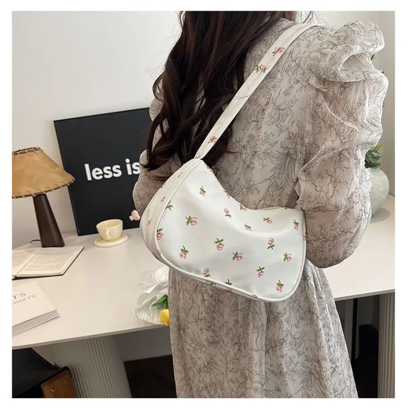 1 Piece Korean Simplicity Shoulder Bag for Student Girl Beige Color Floral Handbag Outdoor Smart Phone Lipstick Storage Bag