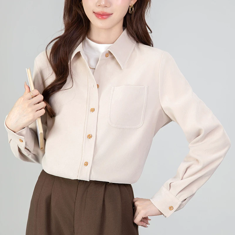 بلوزات نسائية سميكة عتيقة بجيب واحد للخريف والشتاء واحدة الصدر ملابس عمل مكتبية قمصان فضفاضة غير رسمية قطع علوية للسيدات جديد 2025