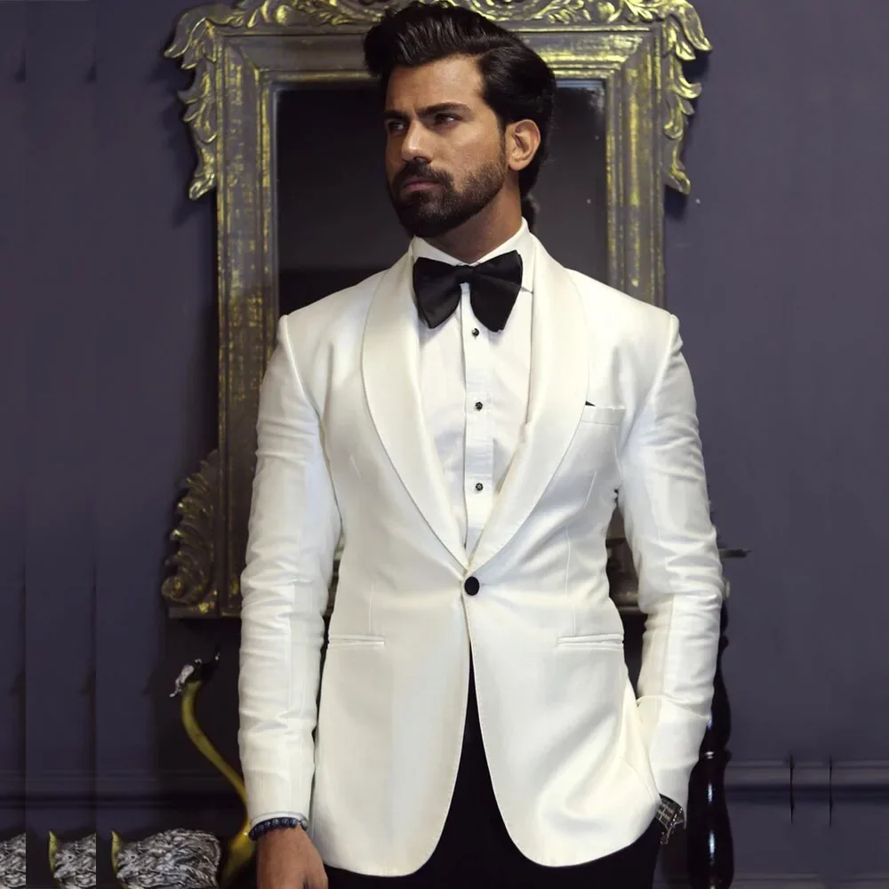 England Style White Jacket Black Pants 2 Piece Elegant Groom Wedding Terno Shawl Lapel Single Breasted One Button Formal Party