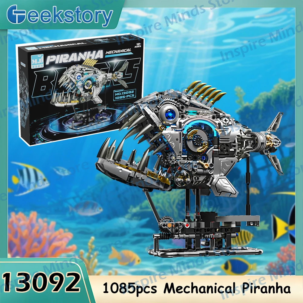 

1085PCS MOC Mechanical Piranha Animal Model Creative Building Blocks Set LED Light Marine Animal Linkage DIY Educational Toy