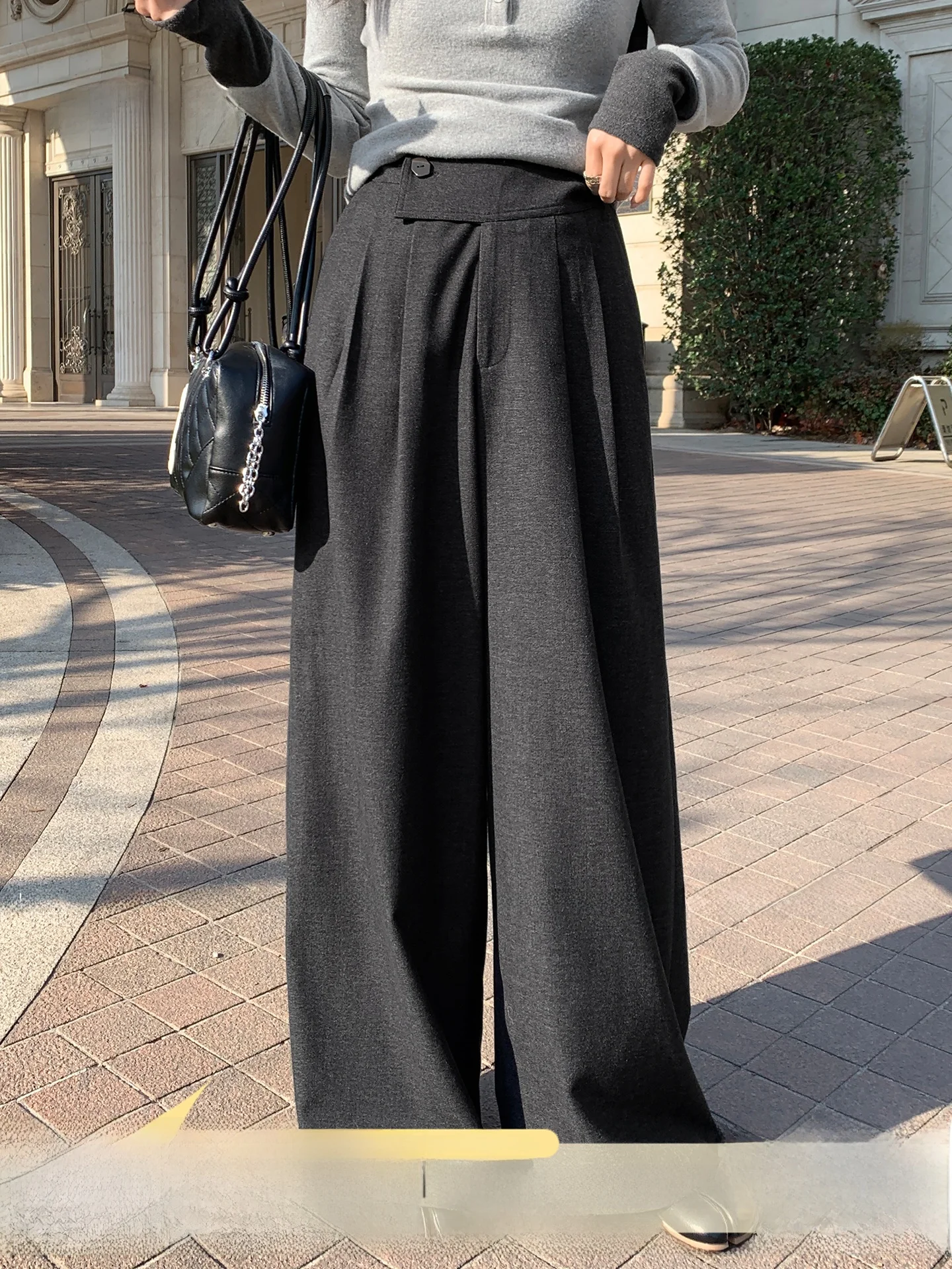 

Gray Wide Leg Suit Pants Loose Casual Trousers for Women Spring New Style Weekend Art Museum High Waist Polyester Fiber