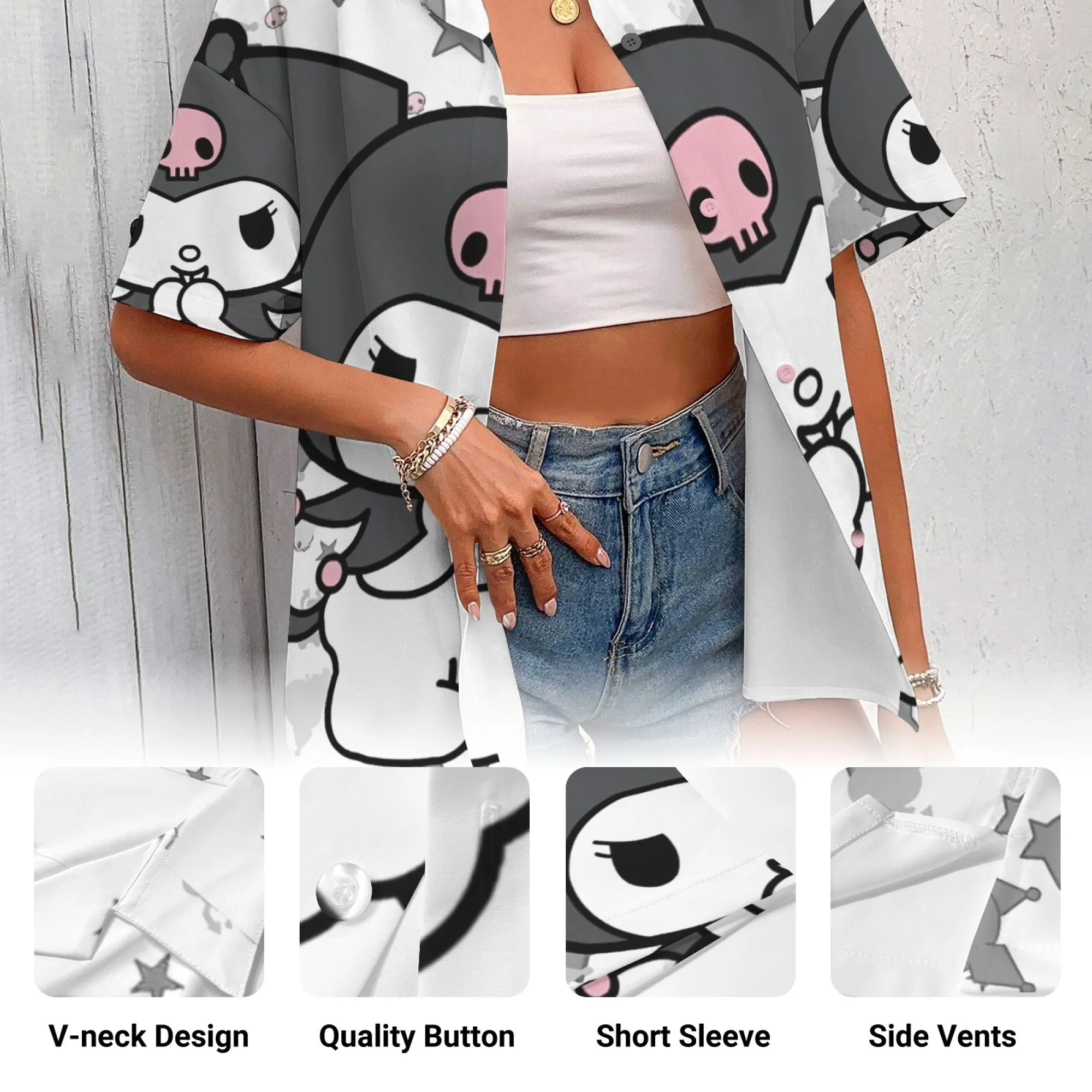 Kuromi Shirt Girls 한국어 리뷰 많은 옷 Kuromi 셔츠 플러스 사이즈 여성 의류 탑 여성 오버 사이즈 티셔츠 Y2k Women's Man