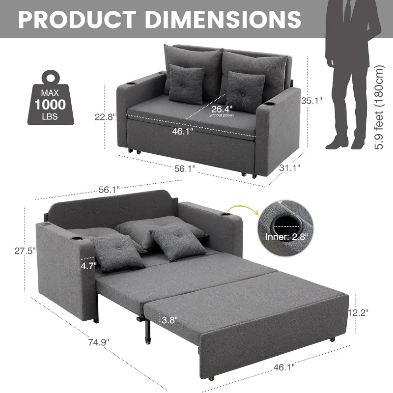 3 in 1 Sofa Bed, 56 Inch Convertible Pull Out Couch, Loveseat Sleeper Sofa with Cup Holders, USB, Sofa Couches for Living Room