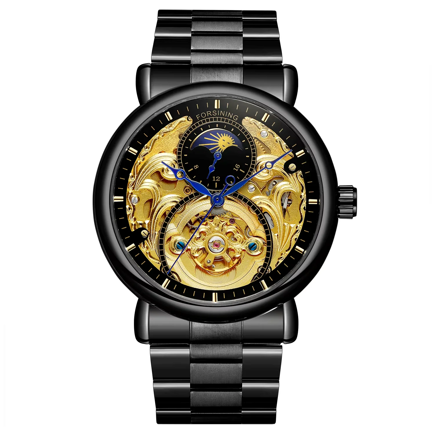 FORSINING Heren- en dameshorloges hol 8-blauwe wijzers mechanisch horloge Rond riemhorloge Zwart horloge
