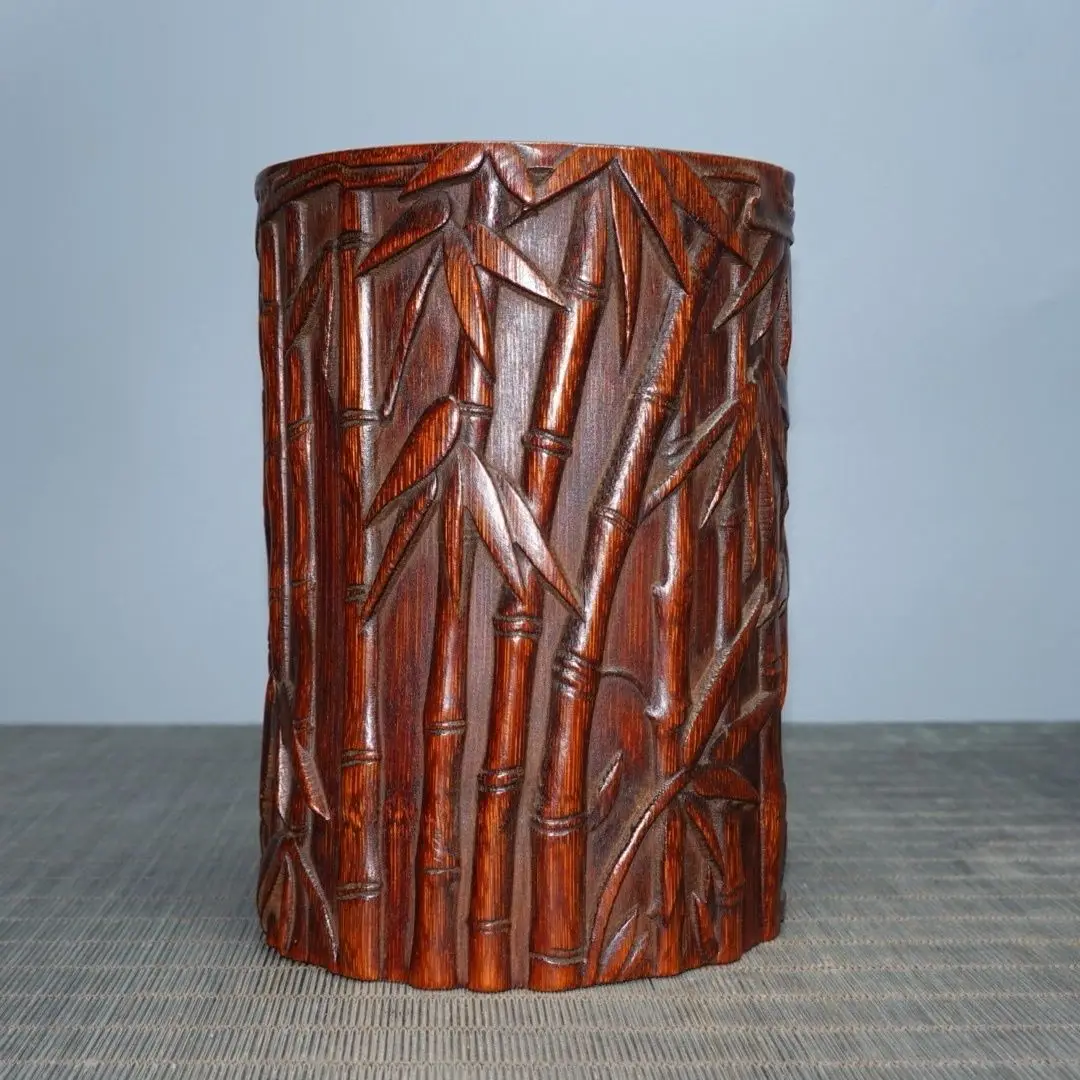 Pot à pinceaux en bambou sculpté vintage, conteneur de rangement pour bureau d'étudiant, ornement d'art chinois traditionnel, statue décorative