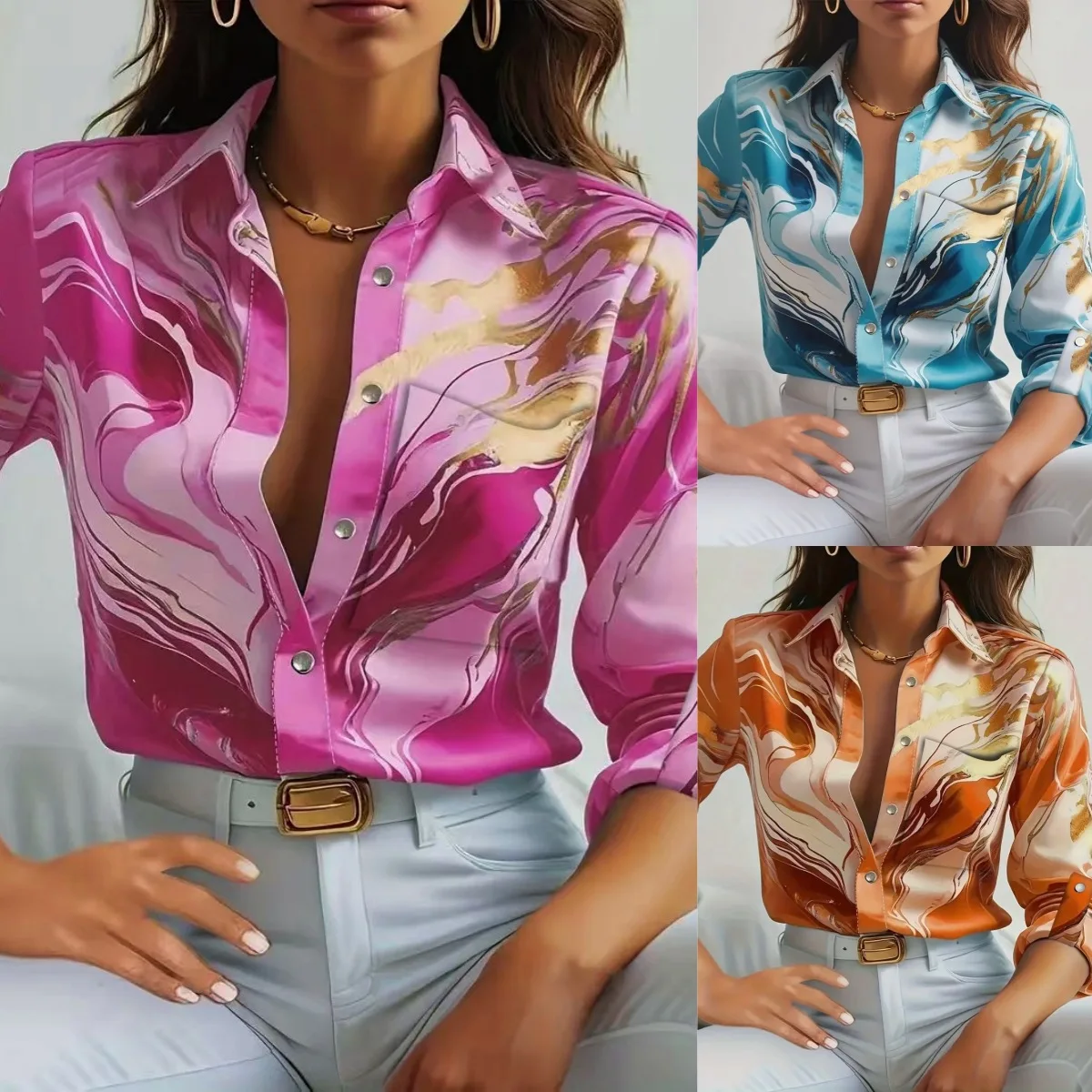 Print Shirt Women Top Single Breasted Turn Down Collar Full Sleeve Pocket Vintage Blouse Autumn Office Lady Overshirt 2025