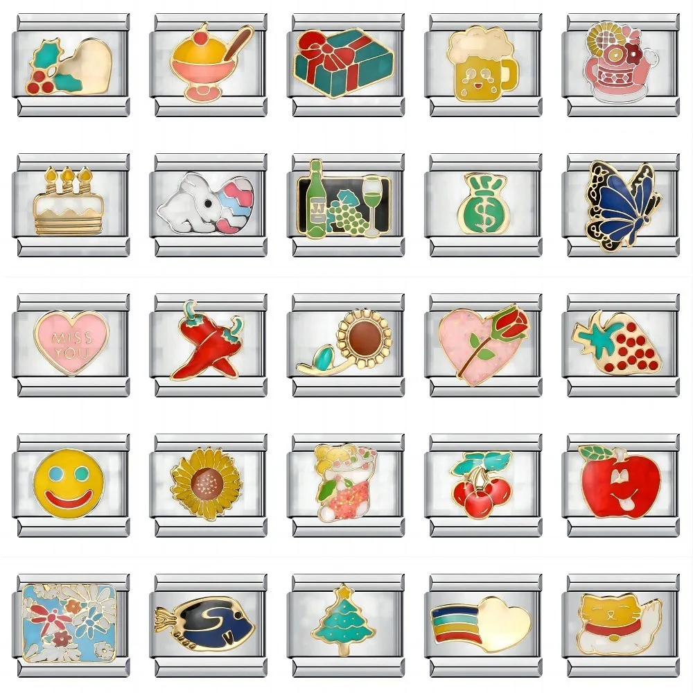 Abalorio italiano de acero inoxidable, 2 piezas, eslabones de girasol hechos a mano, fabricación de joyas, piezas de pulsera de árbol de Navidad para niños y niñas