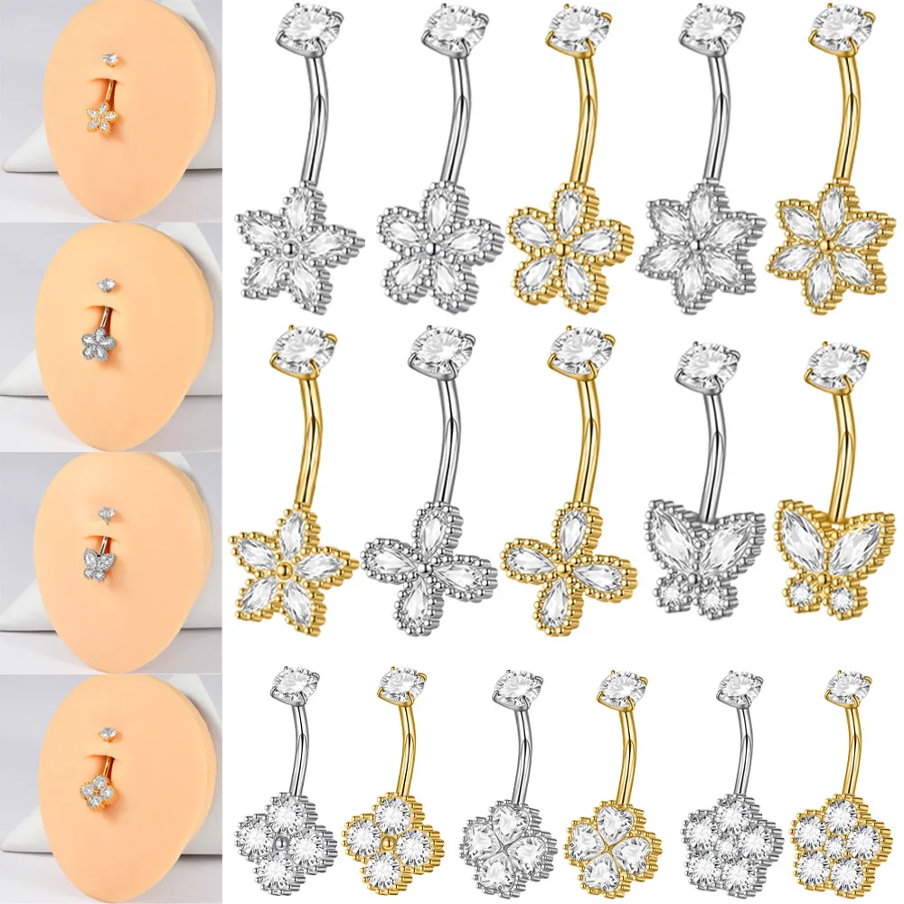 1PC Stainless Steel Butterfly/Flower CZ Inverted Belly Button Ring Zircon Navel Piercing Ring Body Piercing Jewelry 14G