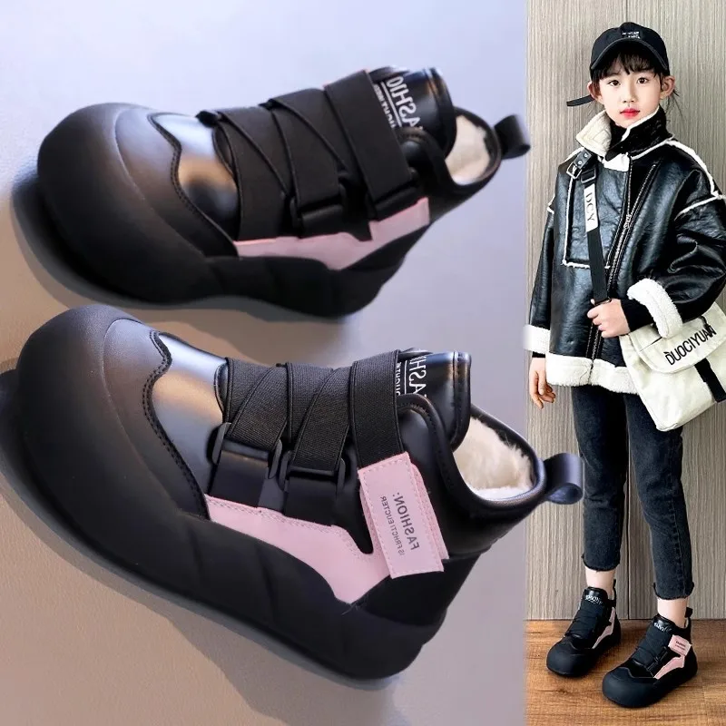 

Teenager Girls Winter Boots PU Leather Waterproof Snow Boots Thick Kids Warm Faux Fur Warm Fashion Cotton Casual Shoes