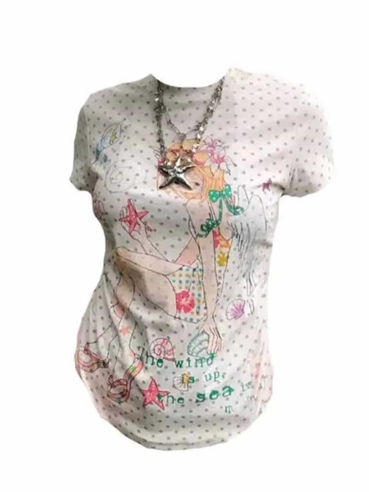 New O-neck Top For Women Y2k Slim Fit All-match Tee Shirt Gray White Wave Point Print Short Sleeve T-shirts 2026 Summer