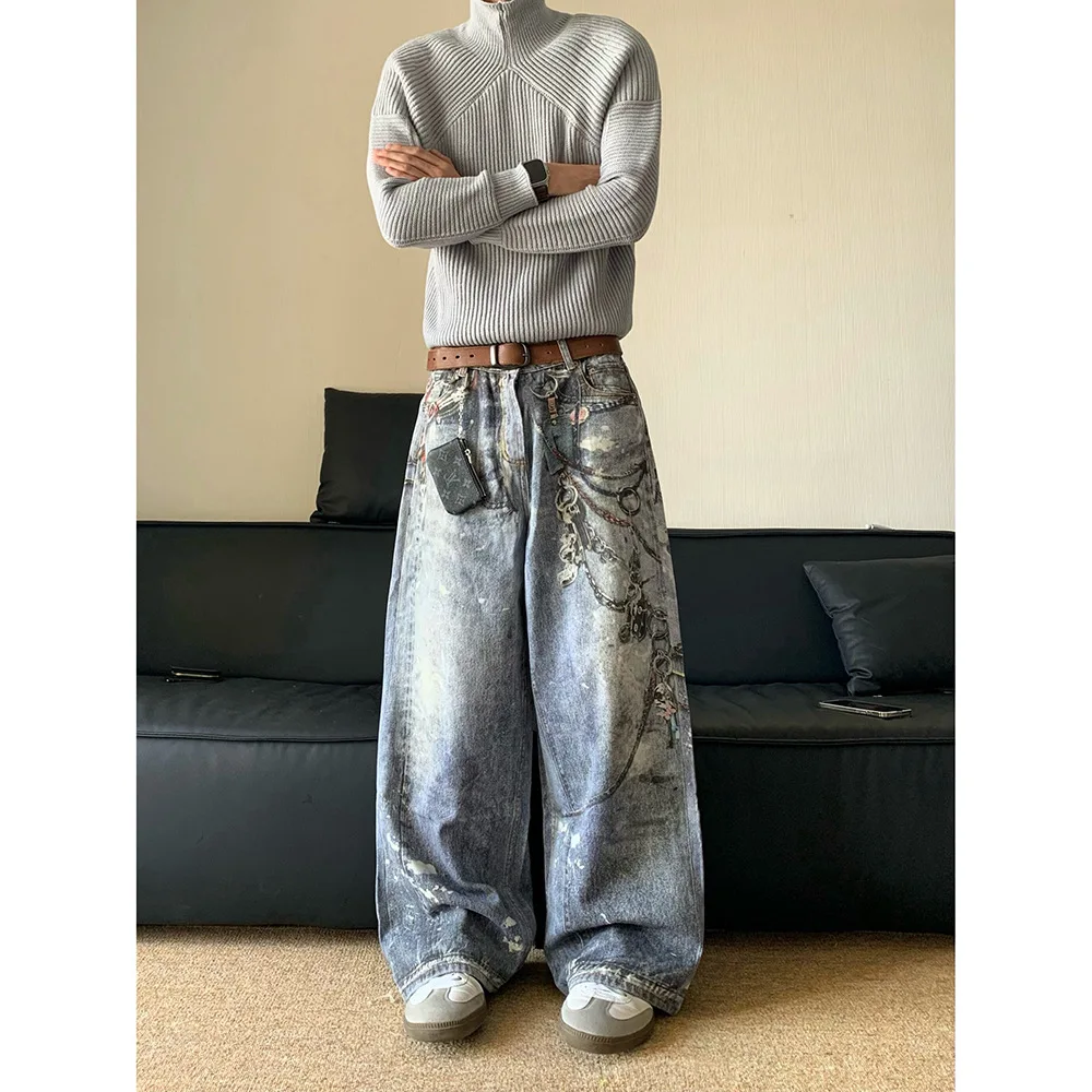 

Retro American Worn-look 3D Print Chain Straight Leg Jeans Men Summer New Style INS Trendy Long Pants Cotton Casual Trousers