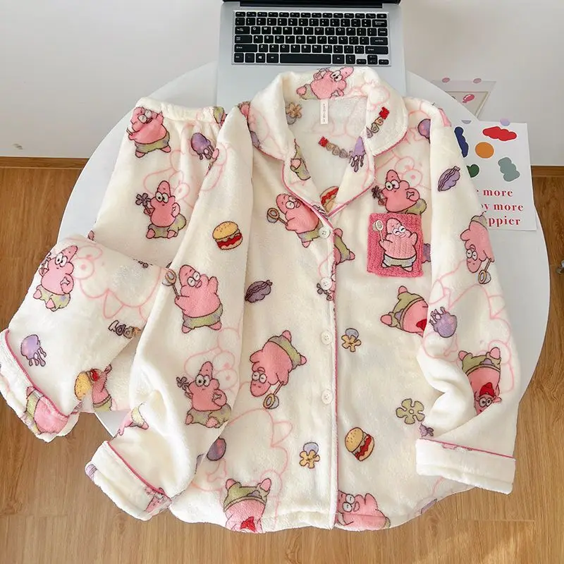 SpongeBob Patrick Star Pigiama di flanella Set Autunno inverno addensato in pile di corallo Pigiama caldo e accogliente per le donne Regali