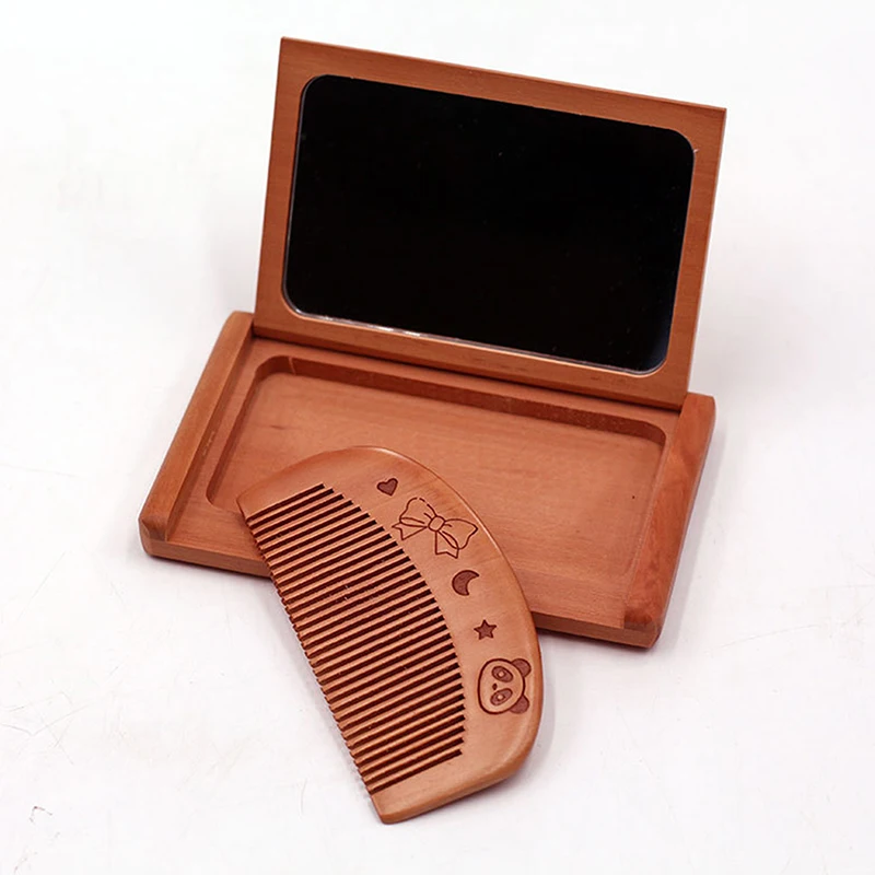 Mini espejo de maquillaje Vintage, espejo plegable portátil rectangular de Peachwood para niña y mujer, juego de espejo de peine de madera duradero 2 en 1