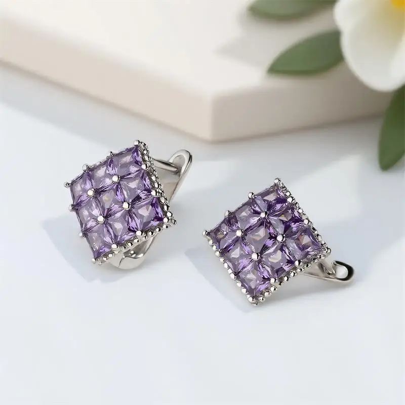 كبير مربع الأرجواني كريستال الأبيض الزركون هوب أقراط للنساء خمر فضي اللون الزفاف الأذن مشبك مجوهرات الخطوبة الزفاف