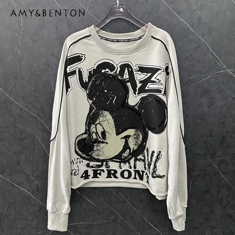 Autumn New Heavy Sequin Print Cartoon Crew Neck Sweatshirt Loose Casual Style Versatile Pullover Top Hoodies Streetwear Women
