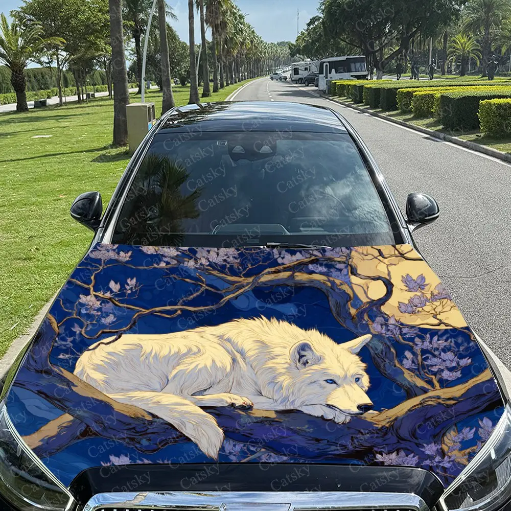 The White Wolf On The Branch Hood Decoration - Self-Adhesive Car, Motorcycle, Truck Hood Stickers - Easy Application & Removal