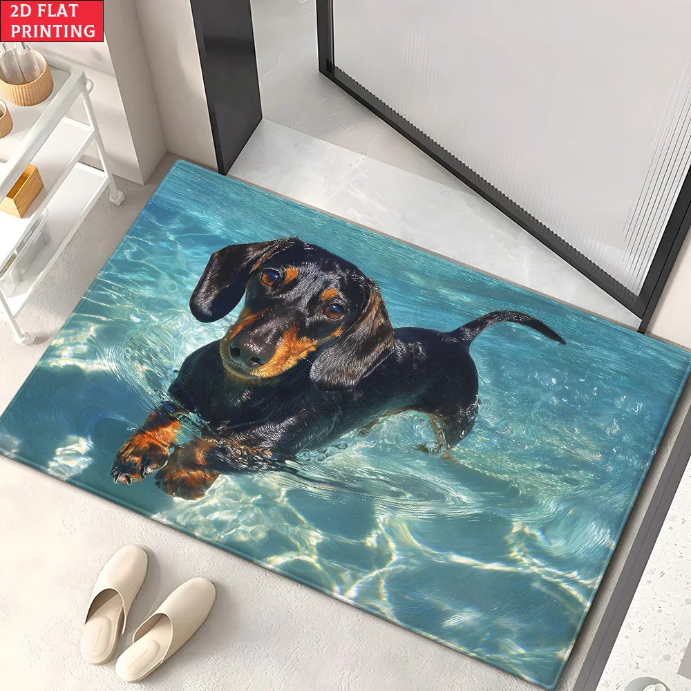 Funny Wiener Dog Paddling Area Rug Summer Water Theme Floor Mat Soft Absorbent Non-slip Doormat for Entryway Kitchen Home