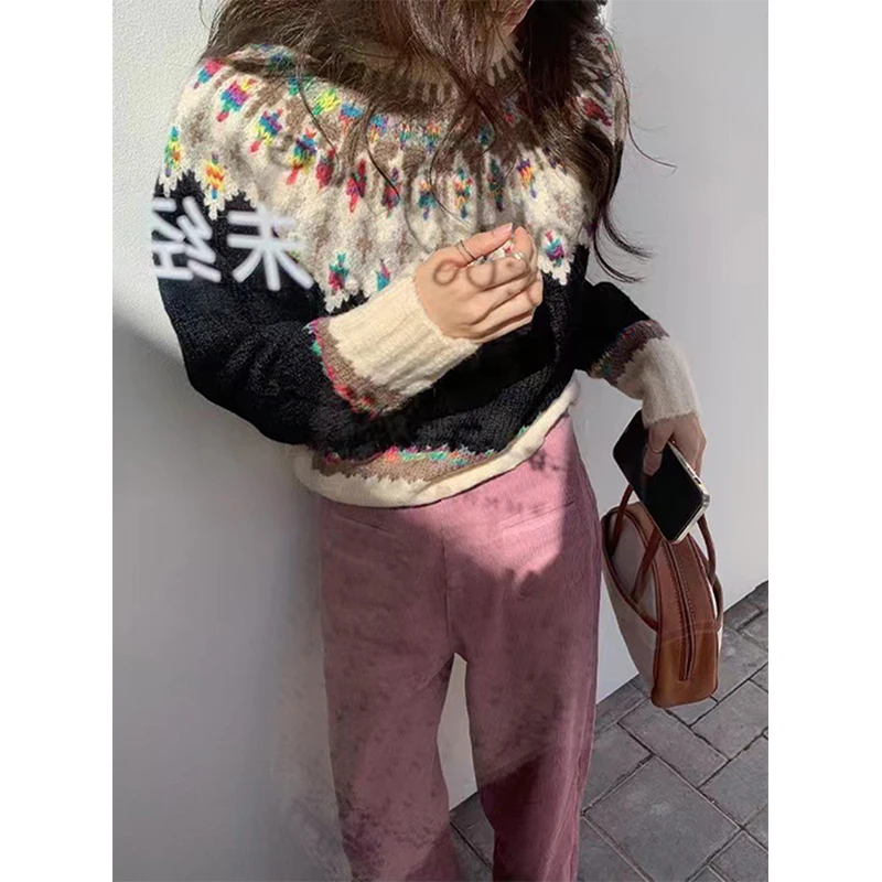 

Vintage Print Sweater Women Streetwear Jacquard Knitted Pullover Winter Harajuku Korean Loose Knitwear O Neck Casual Jumpers New