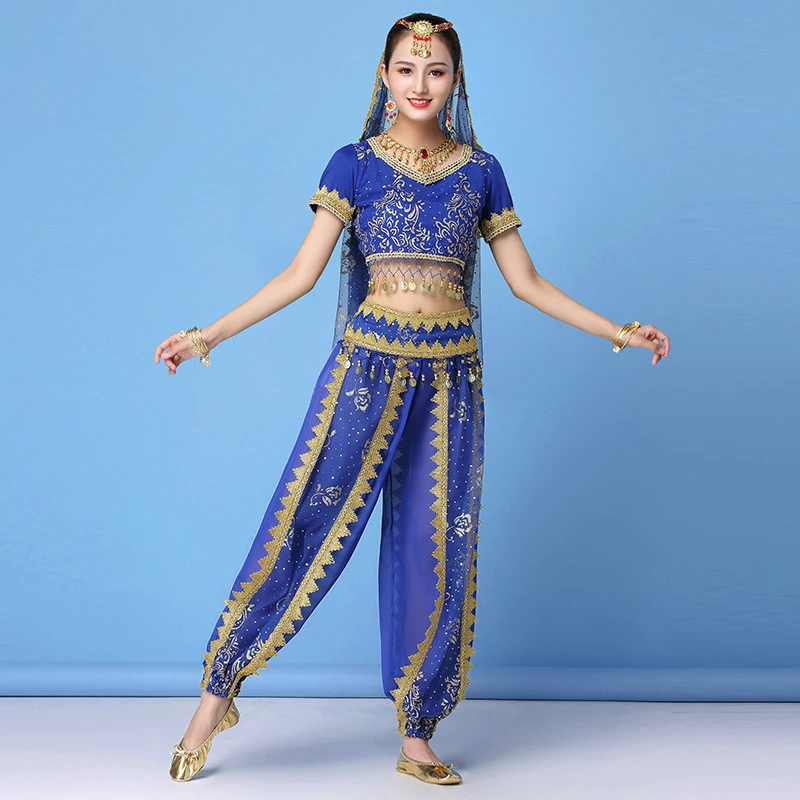 New Belly Dance Performance Practice Highlights Pants Short Sleeve Practice Set Indian Dance Performance Costumes 8pcs Set