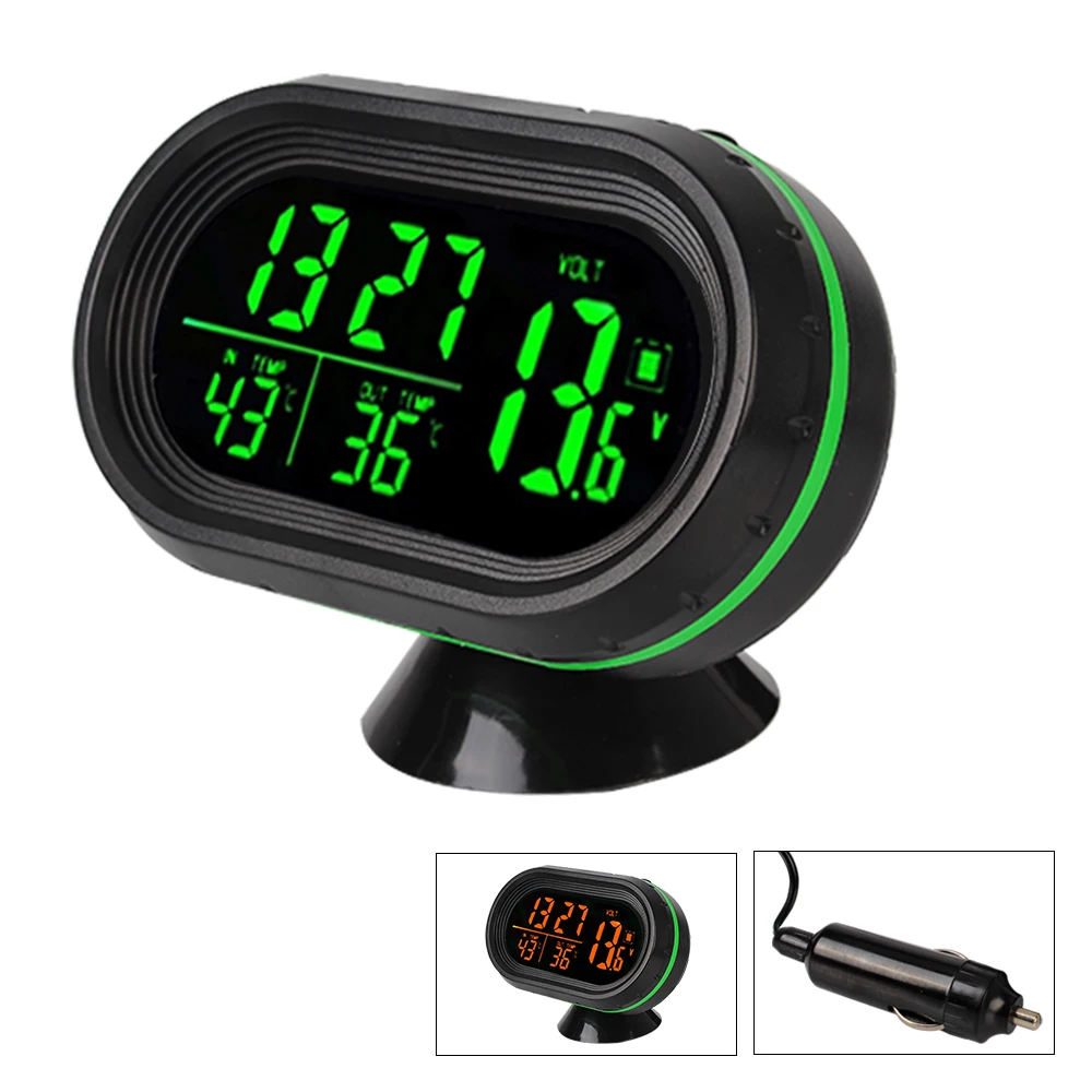 Self-Adhesive Freeze Alert 3 IN 1 Thermometer Clock Voltmeter Green Orange Backlight Car LCD Digital Display Clock