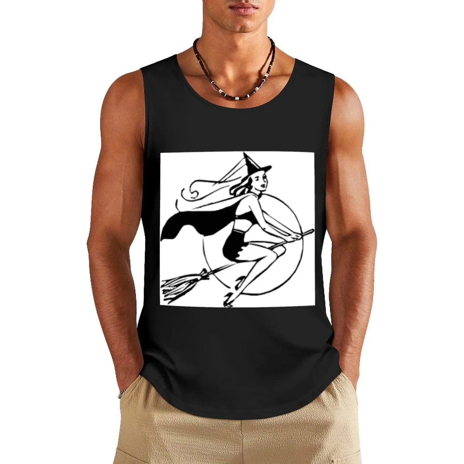 

Sexy Halloween Witch On Broom Tank Top gym shirt men Men's sleeveless t-shirt sleeveless Men's t-shirts