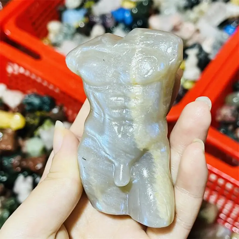 Natural Moon Stone Male Body Carving Crystal Crafts For Home Office Decoration Or Birthday Present 1PCS