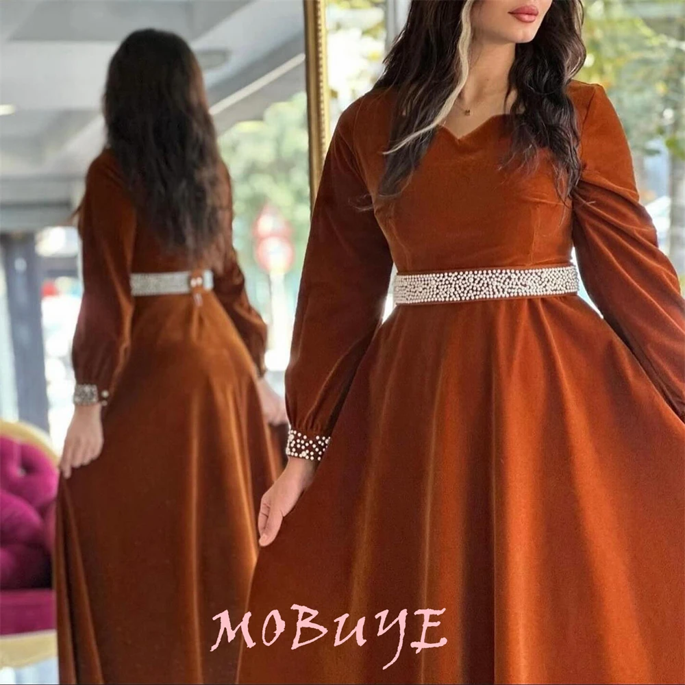 MOBUYE-Robe de Rhà col en V pour femme, manches longues, longueur rinçage, robe de soirée élégante, mode populaire, 2024