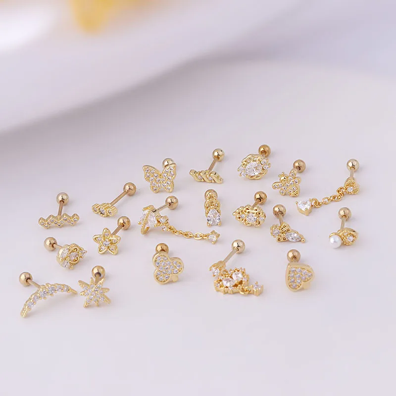 38pcs Fashion Crystal Zircon Ear Bone Nails 20G Thin Bar Stainless Steel Piercing Screw Ball Stud Earrings for Women