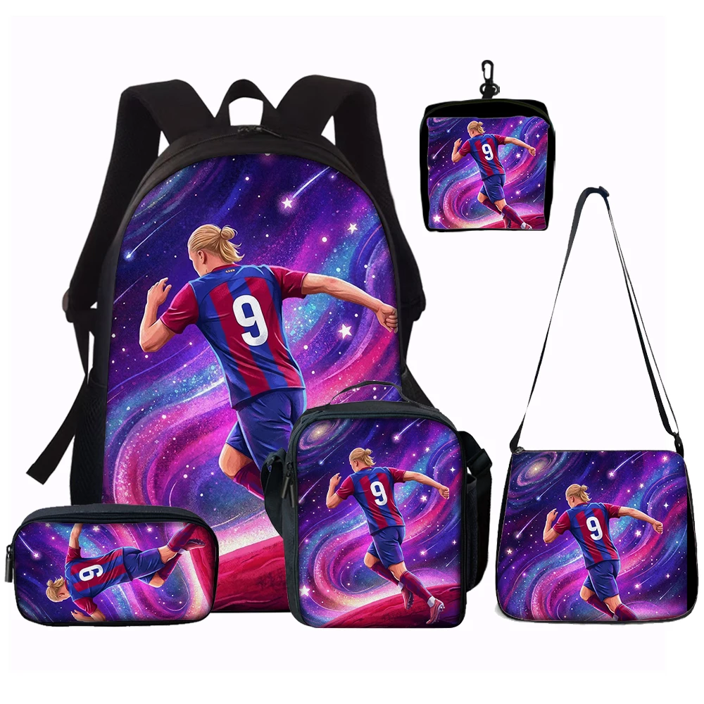 1/2/3/4/5-teiliges Fußballstar-Muster-Rucksack-Set – Lässiger Rucksack mit großem Fassungsvermögen und passender Clutch und Tragetasche, perfekt für den Alltag