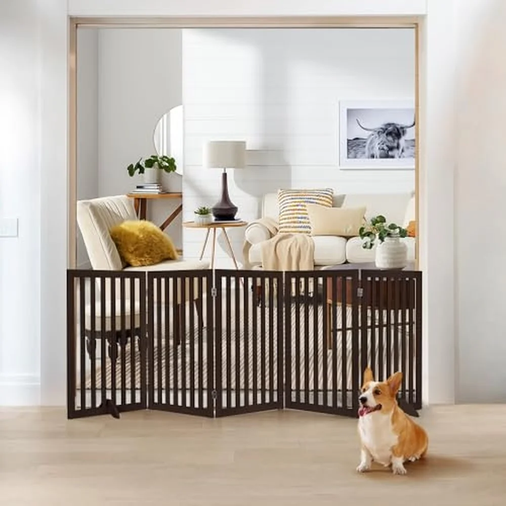 36”H Free Standing Pet Gate for Dog Cat 100”Wide Wooden Dog Gates