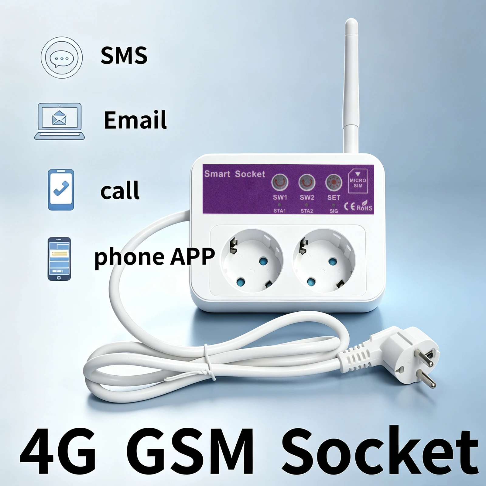 2outlet 4G WLTE-EC SMS control jack receptacle GSM socket 4G plug base Mobile phone remote control APP smart remote control